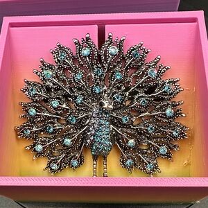 Vintage Silver and Blue Peacock Brooch with bale for chain.